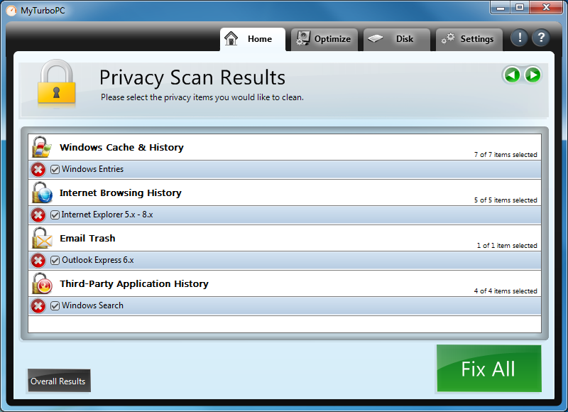 MyTurboPC displays the results of a privacy scan, showing several security risks.