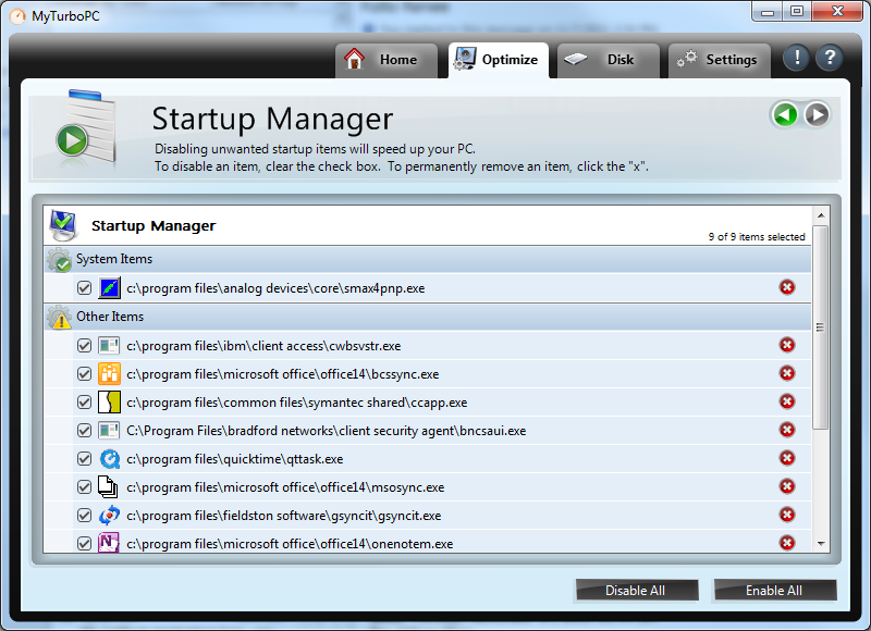 MyTurboPC optimizes startup items to increase overall system performance.