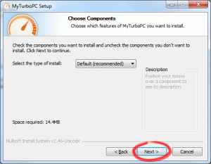 Choose which components to install. The default components are recommended.