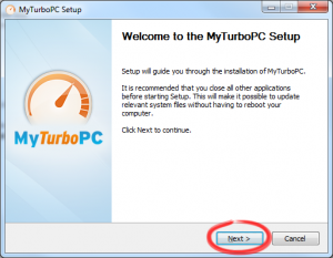 Click "Next" to begin the MyTurboPC setup process.